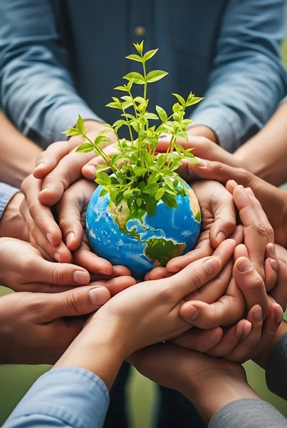 Hands holding a globe and a growing plant